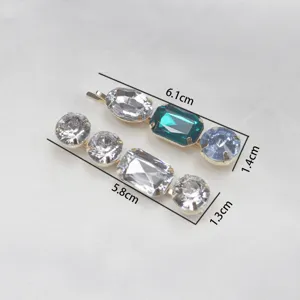Crystal rhinestone hair clip detail, sparkling colorful gemstones, elegant metal hair accessories.