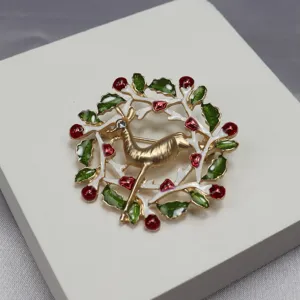 Vintage Emaillierte Strass Weihnachts Hirsch Brosche Nadel Festliche Feiertag Geschenk Zubehör.