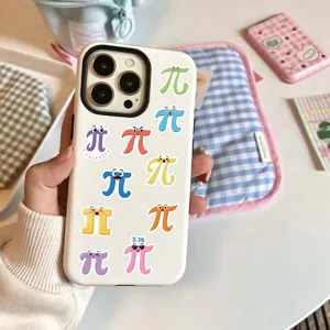 Cute cartoon pi symbol stickers detail showcase on phone case, vibrant colors and fun math design.