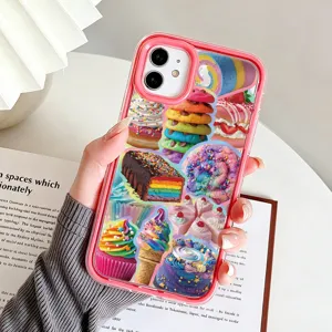 Vibrant dopamine style colorful dessert print phone case with pink bumper protection.