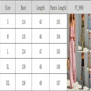 Maattabel voor dames zomer boho set hemdje en wijde broek met diverse kleuren.