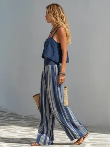 Boheemse gestreepte broek set met wijde pijpen en rits top voor dames mode zomer
