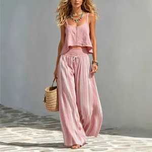 Dames zomer boho tweedelig set roze rits hemdje en gestreepte wijde broek voor vrouwen