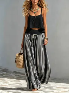 Boho gestreepte broek set met zwarte ritssluiting crop top voor dames in de zomer.