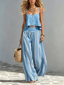 Zomer boho gestreepte wijde broek set met rits camisole top stijlvolle detail weergave