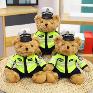 Cute police uniform teddy bear plush toy detail shot, soft stuffed animal doll for kids gift.