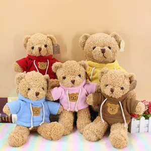 Cute teddy bear plush toy wearing colorful hoodie, soft stuffed animal doll for birthday gift.