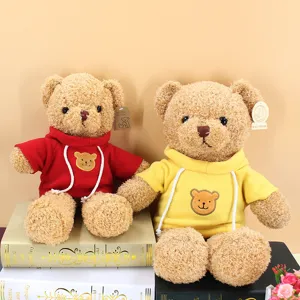 Cute plush teddy bear toy with colorful hoodies, soft stuffed animal doll birthday gift for kids.
