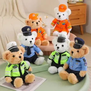 Cute police and firefighter teddy bear plush toy doll soft stuffed animal gift for kids.