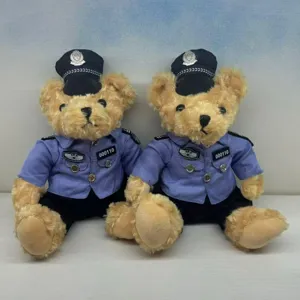 Cute police teddy bear plush toy set, stuffed animal doll with uniform and badge for kids.