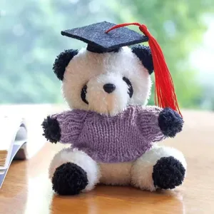 Simatico panda di peluche di laurea con cappello dottorale e maglione lavorato a maglia.
