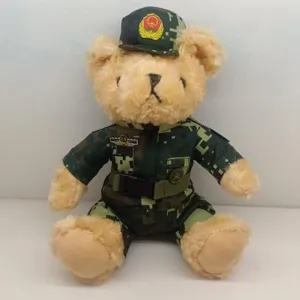 Cute police teddy bear plush toy wearing camouflage uniform and cap for kids and gifts.