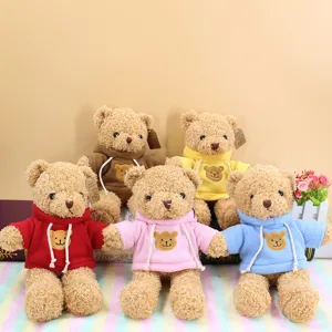 Cute plush teddy bear stuffed animal toy wearing a soft colorful hoodie for kids gift.
