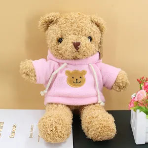 Cute teddy bear plush toy wearing pink hoodie, soft stuffed animal doll for kids gift.