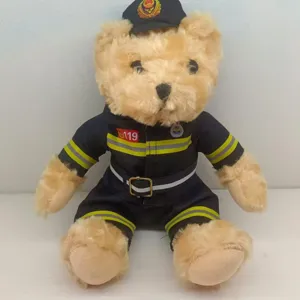 Plush teddy bear toy wearing a fire uniform with a hat, detailed toy doll for kids.