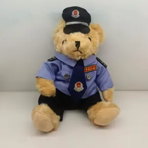 Cute police teddy bear plush toy wearing uniform, soft stuffed animal doll for kids gift.