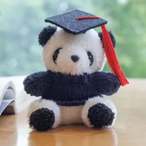 Dettaglio peluche panda di laurea con cappello da dottore e maglione lavorato a maglia.