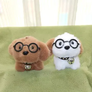 Cute plush puppy keychain with round glasses and bell pendant for stylish bags toys.