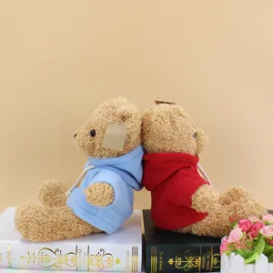 Cute plush teddy bear stuffed animal wearing a soft colorful hoodie toy detail view backdrop.