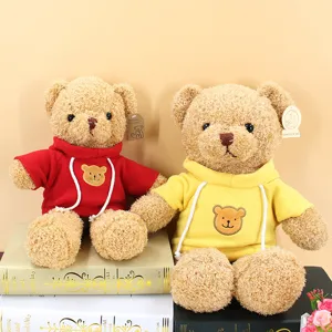 Cute teddy bear plush toys wearing red and yellow hoodies, soft stuffed animal dolls gift.