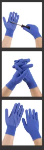 Close-up details of blue anti-slip work gloves with dotted palms for secure grip and fit.