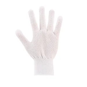 White knitted work gloves, durable nylon safety gloves for industrial handling, breathable.