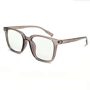 Detailed close-up shot of stylish transparent square frame anti blue light optical glasses