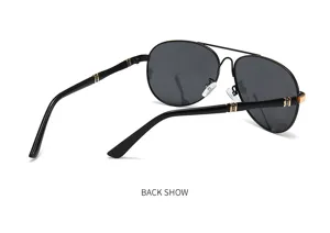 Detailed rear view of classic metal polarized aviator sunglasses with black frames.