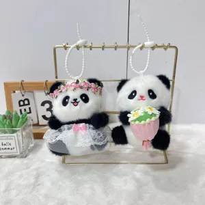 Cute panda couple plush keychain doll, wedding bride and groom design key ring backpack charm.