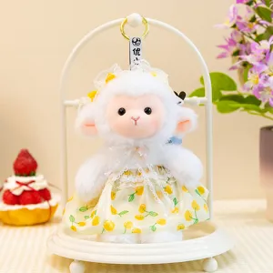 Cute plush sheep doll pendant with yellow dress, soft stuffed animal toy for kids and bags.