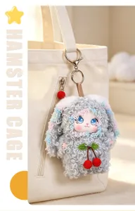 Cute curly rabbit doll plush bag charm pendant with sweet cherry decor for daily fashion styling.
