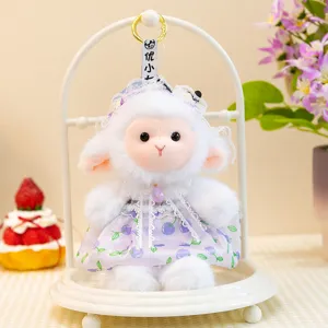 Cute white plush lamb toy wearing purple cherry dress and lace headdress for kids.