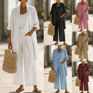 Women summer 3 piece casual outfit set solid color camisole cardigan wide leg pants