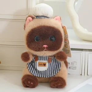 Cute cat plush toy with chef hat and striped apron, soft stuffed animal doll pendant.