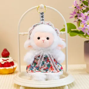 Cute white plush sheep doll with floral dress and lace hat, soft stuffed animal toy for kids.