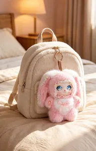 Detail view of cute fluffy rabbit plush bag pendant with vinyl face and mini backpack decor.