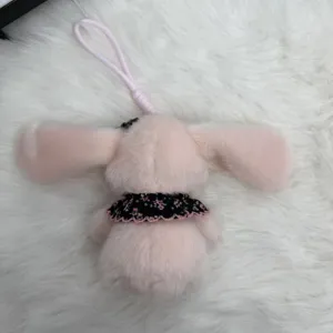 Cute pink long-eared rabbit plush keychain and bag pendant fluffy toy detail view