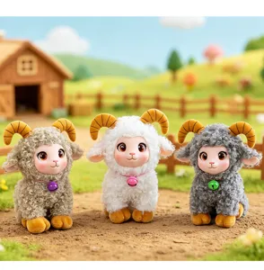 Cute curly wool plush sheep toy with curved horns and colorful bell, perfect kids gift.