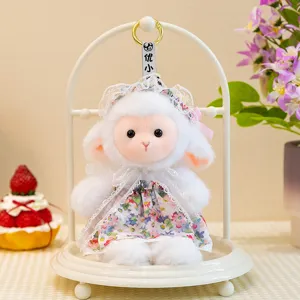 Cute plush sheep doll pendant with a lovely floral dress and lace hat, soft toy for kids.