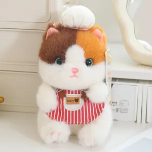 Cute chef cat plush toy pendant with cute striped apron and white hat, soft stuffed animal doll.