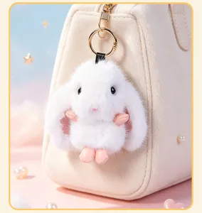 Cute white lop-eared rabbit plush keychain detail, soft fluffy toy pendant for bags and keys.