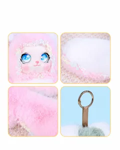 Close-up details of cute plush rabbit bag pendant with curly hair, vinyl face, and keychain.