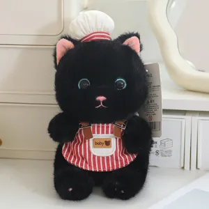 Cute black cat plush toy with chef hat and striped apron soft stuffed doll for kids gift