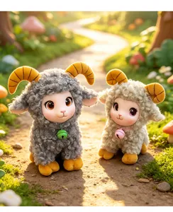 Cute plush sheep toy detail showing soft wool texture, curled horns and lovely bell collar.