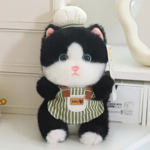 Cute black and white cat plush toy with chef hat and striped apron, soft cute doll.