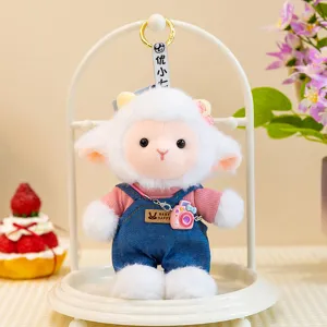 Cute plush lamb stuffed toy with denim overalls and mini camera, perfect kids gift.