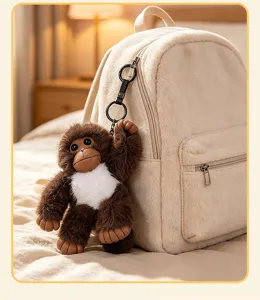 Charmant porte-clés singe en peluche suspendu sur un sac à dos moelleux détail