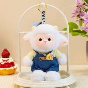 Cute plush sheep toy doll with denim overalls and camera pendant, detailed plush hanging view.
