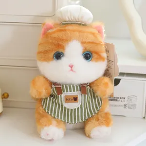 Cute chef cat plush toy with striped apron and chef hat, soft stuffed animal doll gift.