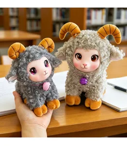 Cute fluffy sheep plush toy detail showing soft curly fleece and big anime eyes in study room.